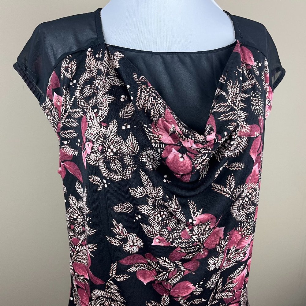 Roz & Ali Sleeveless Blouse Size L Pink Black, Floral Print, Cowl Neck